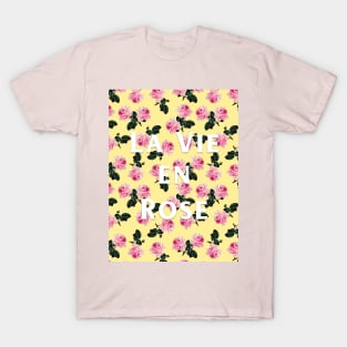 La Vie En Rose - pink scattered vintage roses on yellow, pink tee T-Shirt